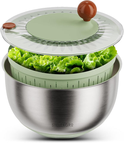 Stainless Steel Salad Spinner - Large 5.3 Quart Lettuce Dryer & Fruit Cleaner with Strainer