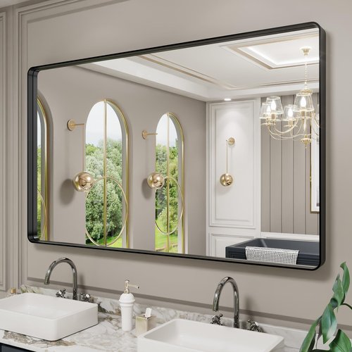 LOAAO 60X30 Inch Black Metal Framed Bathroom Mirror for Wall, Matte Black Bathroom Vanity Mirror Farmhouse, Large Rounded Rectangle Mirror, Anti-Rust, Tempered Glass, Hangs Horizontally or Vertically