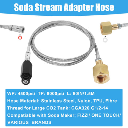 Soda Maker Adapter Soda Maker Connector, CO2 Tank CO2 Cylinder Adapter with Stainless Steel Hose, CGA320 to TR21-4 Carbonated Water Maker for Fizzi One Touch Jet Ninja