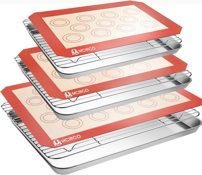 Skiennix Stainless Steel Baking Sheet Set - Cookie Pan with Cooling Rack & Silicone Mats | 10/12/16 Inch, Easy Clean