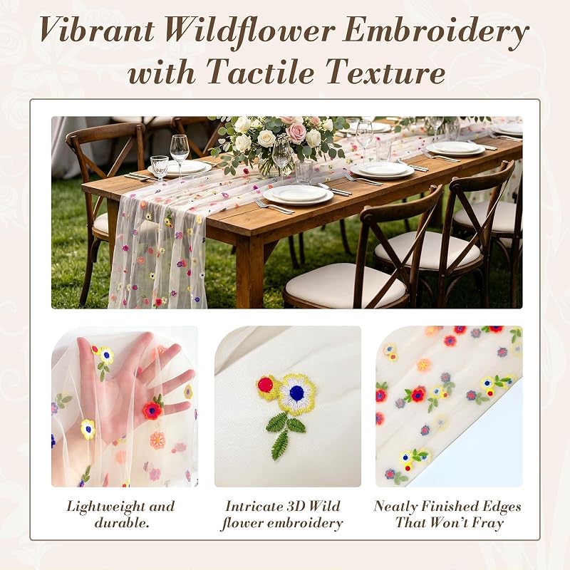 Champagne Floral Embroidered Table Runners 4 Pack 10ft - Boho Daisy Tulle Wedding Décor (Variation: Champagne+Champagne Floral – 4 Pack)