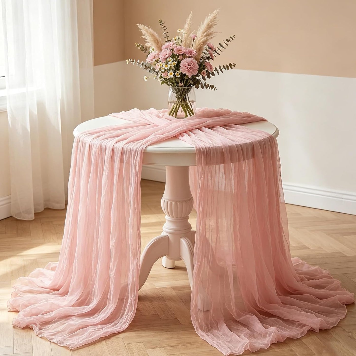 Skiennix Pink Cheesecloth Table Runner - 10FT Dusty Pink Boho Style for Weddings & Events