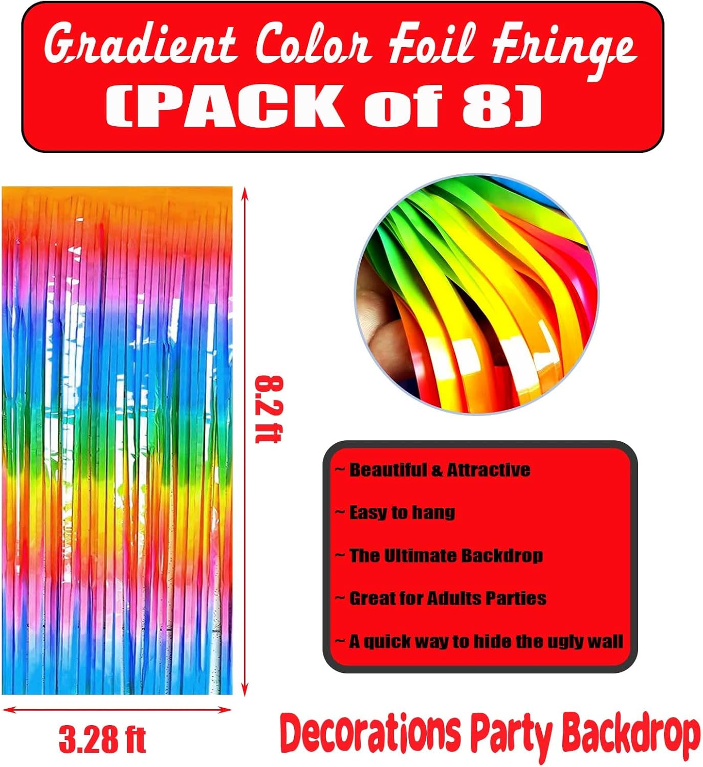 Rainbow Tinsel Foil Fringe Curtain Backdrop - 8 Pack Metallic Streamers for Parties | 3.28Ft x 8.2Ft
