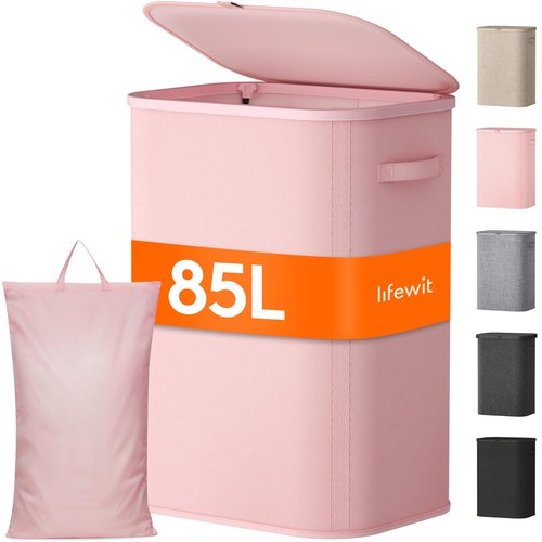 Lifewit 85L Large Laundry Basket with Lid, Laundry Hamper with Plastic Handles and Removable Bag, Foldable Tall Dirty Clothes Hampers for Laundry for Laundry Room, Bedroom, Bathroom, Dorm, Pink