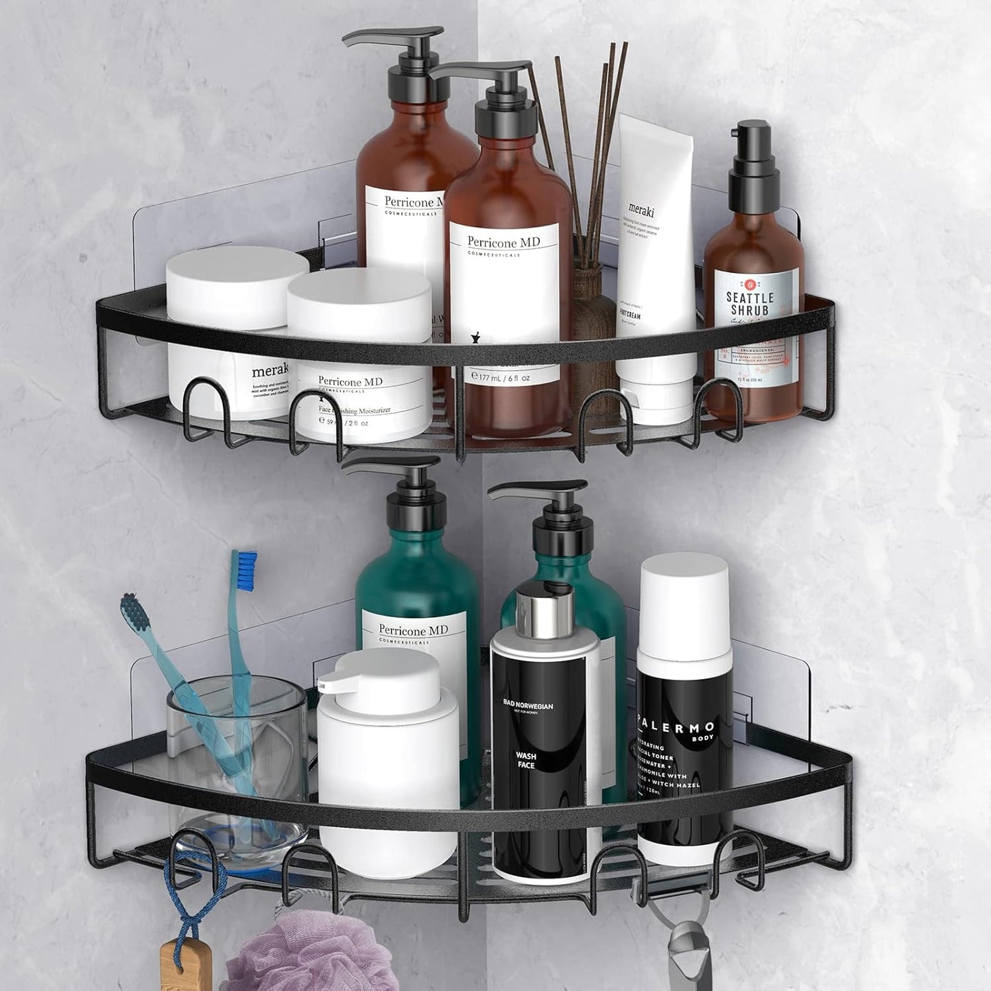 Skiennix Corner Shower Caddy - 2 Pack Adhesive Bathroom Organizer Shelf | No Drilling, Rustproof, Black