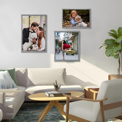 Matte Gray 16x24 Frame Set of 3 - Rustic Woodgrain Poster Frames with Plexiglass