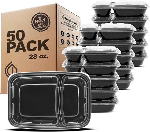 Freshware Meal Prep Containers - 50 Count 2-Compartment Food Storage Bento Boxes | BPA-Free, Stackable, 28 oz