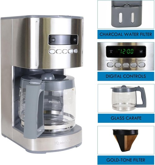 Koolatron Kenmore Elite 12-Cup Drip Coffee Maker - Programmable, Auto Shut-Off, Glass Pot, Reusable Filter