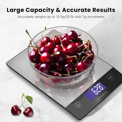 CROWNFUL Digital Kitchen Scale - 33lb Rechargeable 304 Stainless Steel | LCD Display for Accurate Measurements