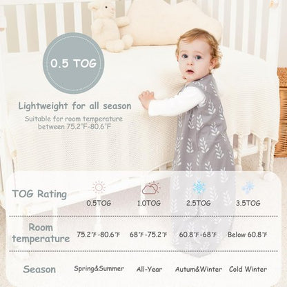 Looxii Baby Sleep Sack 0.5 TOG, 100% Cotton 3 Pack Wearable Blanket Baby Sleep Bag for Newborn Infant, 2-Way Zipper Lightweight Toddler Sleeping Sack 6-12 Months