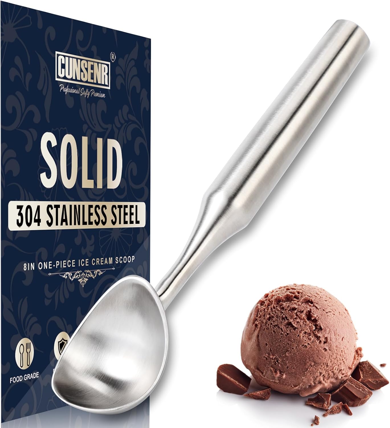 Skiennix Stainless Steel Ice Cream Scoop - Heavy Duty Ergonomic Handle for Gelato & Sorbet | Dishwasher Safe