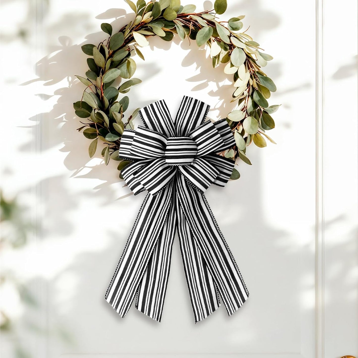Skiennix Christmas Wreath Bows - White & Black Striped Burlap Ribbon Bowknot for Holiday Decor