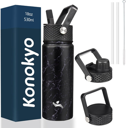 Skiennix 18 oz Insulated Water Bottle - Stainless Steel Sport Bottle with 3 Lids | Marble Midnight