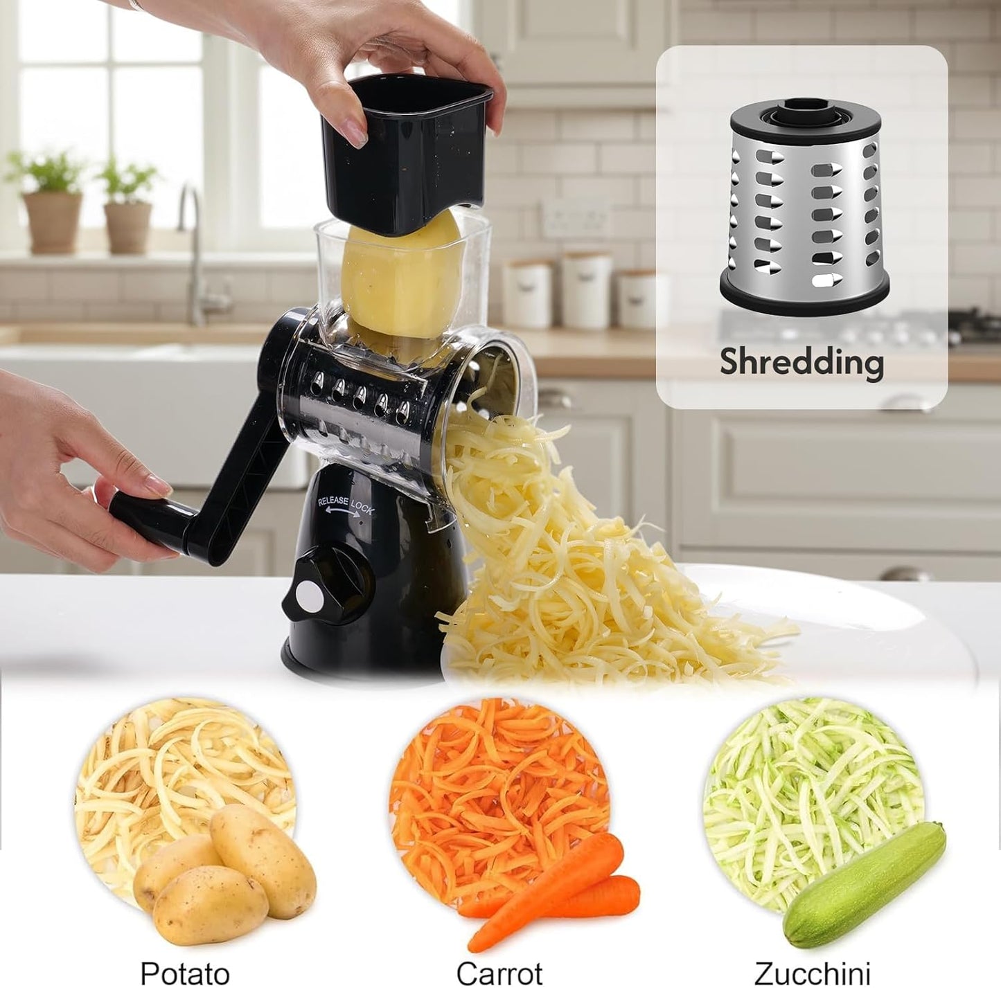 Rotary Cheese Grater - 3-in-1 Shredder with Hand Crank | Non-Slip Suction Base, Food Grade, Black