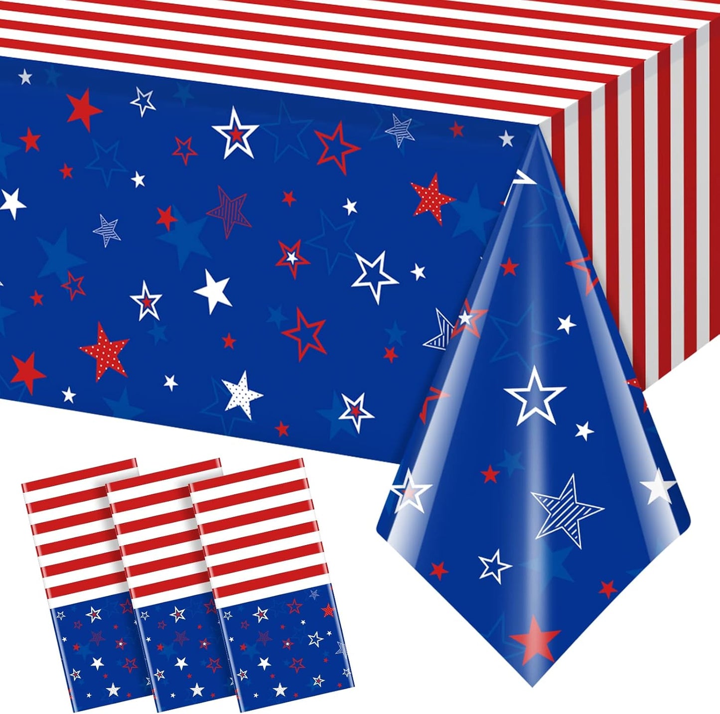 Skiennix 3Pcs Patriotic Tablecloths - Red, White & Blue Star Disposable Covers | 54x108 Inch for 4th of July Celebrations
