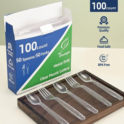 100 Count Extra Heavy Duty Clear Plastic Forks Disposable, BPA-Free, Heat Resistant, Durable Disposable Forks Bulk for Catering & Events 、Party Supplies