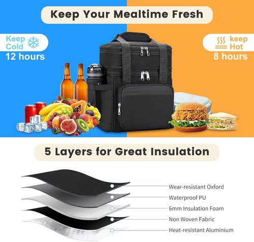 Holuxer Insulated Lunch Bag - Double Deck Leakproof Cooler Tote for Men & Women | Large 15L Black Lunch Box for Work & Outdoor