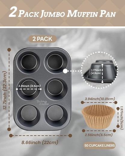 Bake Choice Jumbo Muffin Pan Set - Nonstick 6 Cup Design with 50 Natural Jumbo Cupcake Liners