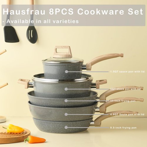 Hausfrau Pots and Pans Set Non stick, Ceramic Cookware Set Nonstick Kitchen Cooking Set w/Frying Pan Saucepan Saute Pan Casserole, Non Toxic NO PFAS & PTFE, Black