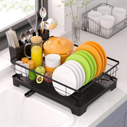 HappyHapi Drying Rack - Durable Dish Rack with Drainboard & Utensil Holder for Kitchen Organization (Black)