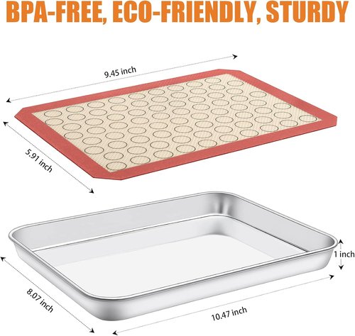 Deedro Baking Sheet Set - Stainless Steel Cookie Sheets with Silicone Mats | 4-Piece Set, 10 x 8 x 1 Inch, Non-Toxic, Heavy Duty, Easy Clean