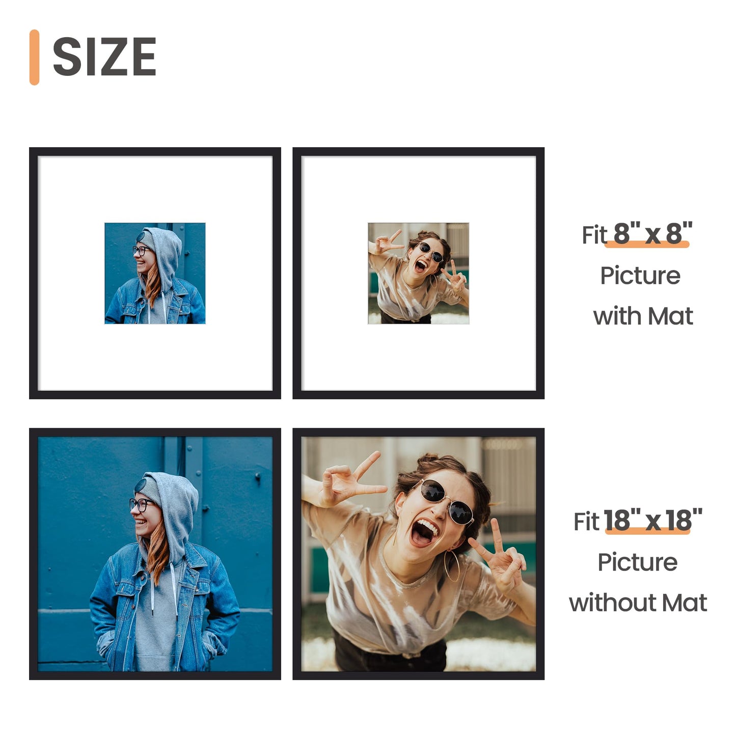upsimples 18x18 Picture Frame, Display Pictures 8x8 with Mat or 18 x 18 Without, Wall Hanging Square Frames, Black, 1 Pack