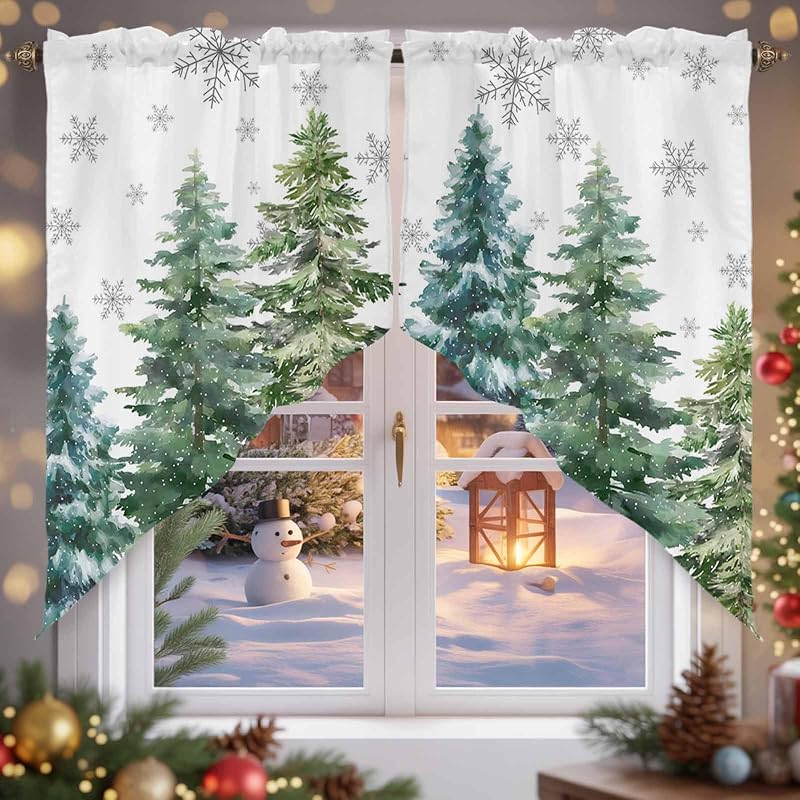 Christmas Swag Valance with Green Pine Tree Pattern, 36W x 45L, 2 Panels, Rod Pocket - Xmas Tree + 36W x 45L