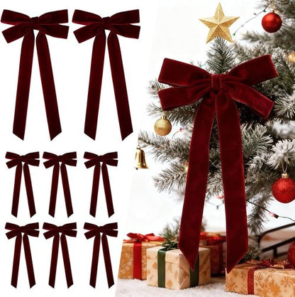 Burgundy Velvet Ribbon Bows by [Brand Name] - 8 Pcs 5in x 10in Christmas Tree Ornaments | Perfect for Wreaths & Gift Wrapping