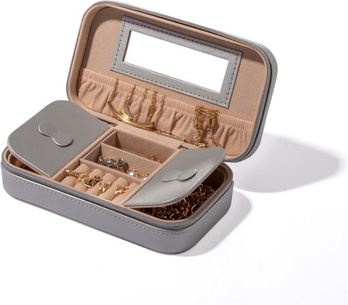 BINO Jewelry Case - Stylish Portable Organizer with Mirror for Earrings, Rings & Necklaces | Silver