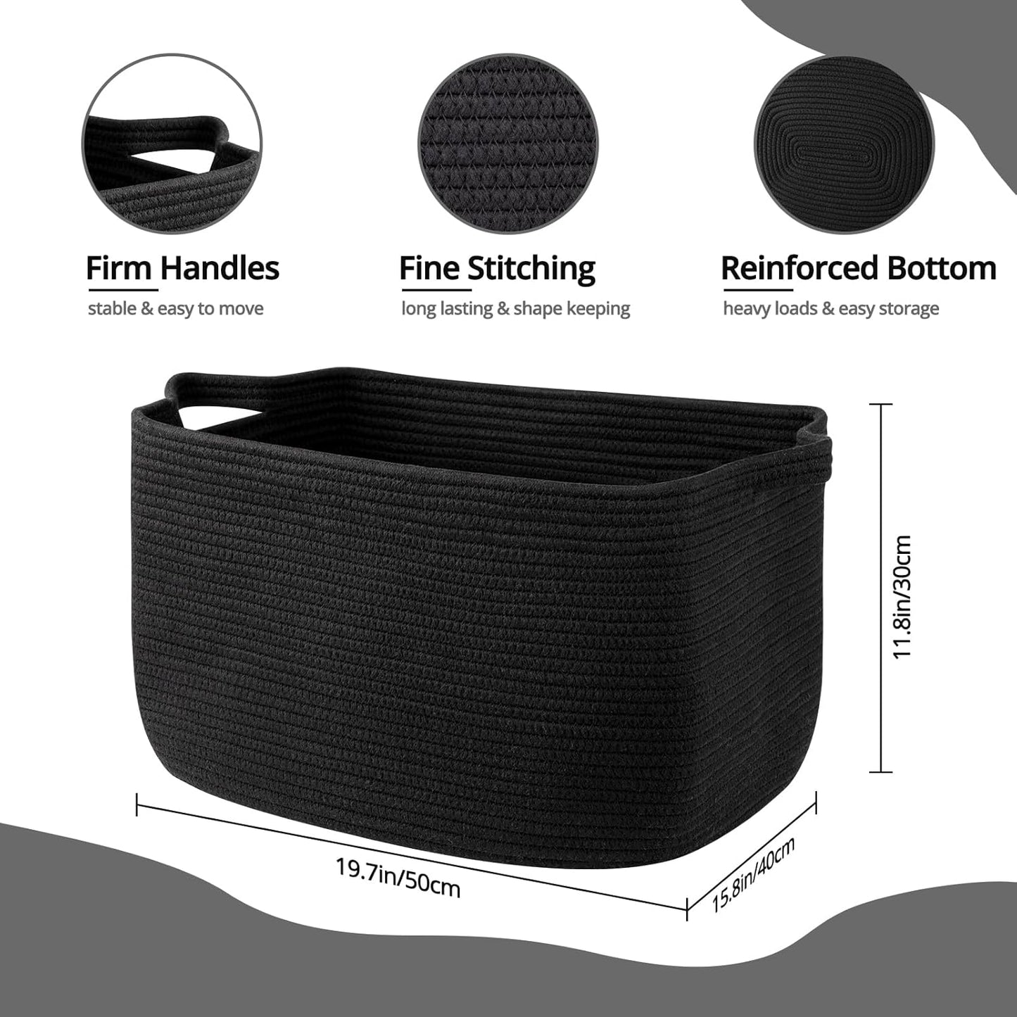 OIASKET Large Blanket Basket - Stylish Black Woven Storage for Toys, Towels & Laundry (Rectangle)
