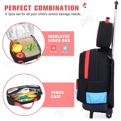 Rolling Backpack for Boys - 3-in-1 Kids Rolling Backpack with Wheels, Red/Blue