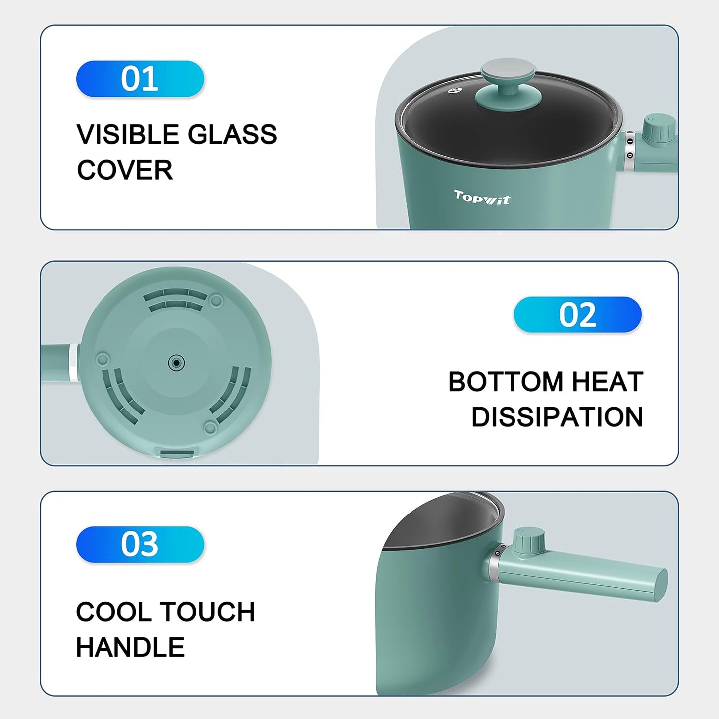 Topwit Electric Hot Pot - 1.5L Portable Ramen Cooker with Non-Stick Frying Pan & Dual Power Control - Green