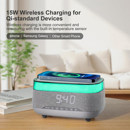 PRIBUY Smart Alarm Clock with 15W Fast Wireless Charger & Bluetooth Speaker - Dual Alarm, Dimmable Display, Touch Bedside Lamp, Nightstand Clock for Bedroom, Office, Home