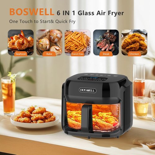 BOSWELL 7.5QT Glass Air Fryer - Transparent Fry Bowl, Circulating Heating & Temperature Control