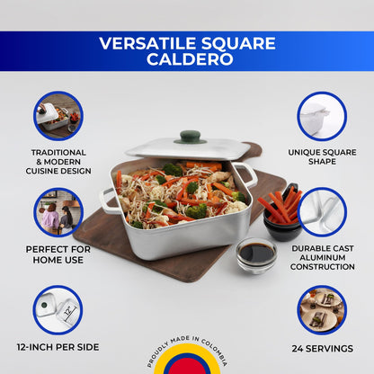 Universal Unique Square Caldero (9 Quart - 24 Cups), Stainless Aluminum Pot, Oven Safe, Even Heat Distribution and Fast Cooking Dutch Oven Pot with Lid, Ideal for Rice, French Fries, and More