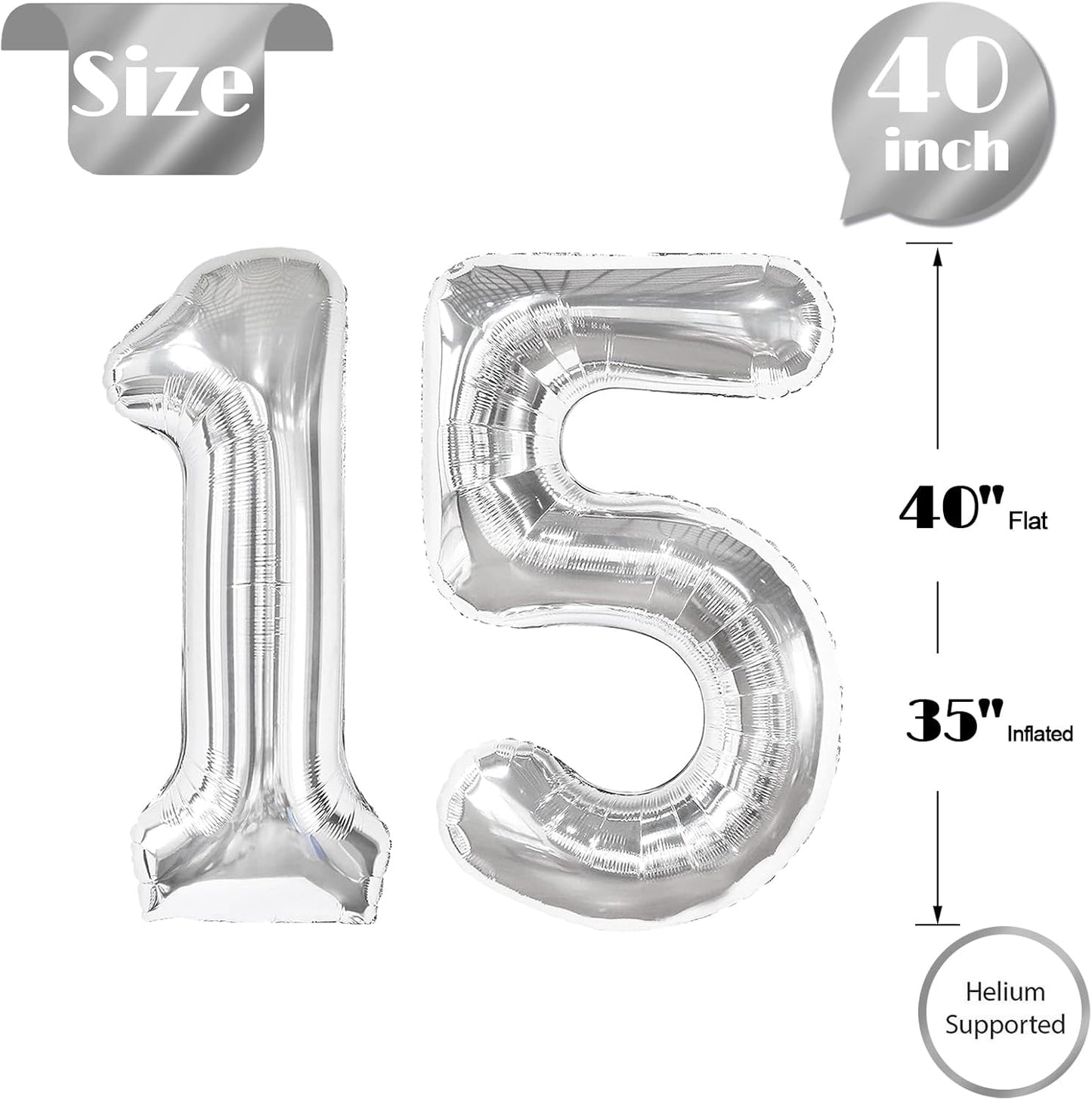 Silver Number 15 Balloon - 40 Inch Silver Birthday Decoration for 15th Birthday Party Supplies