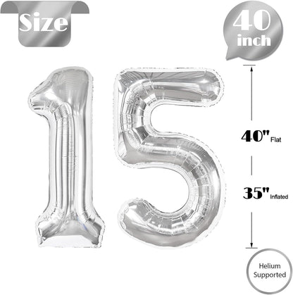 Silver Number 15 Balloon - 40 Inch Silver Birthday Decoration for 15th Birthday Party Supplies