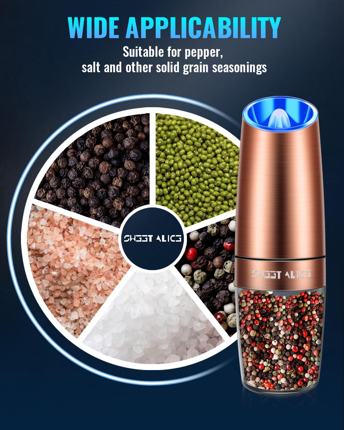 Gravity Electric Pepper and Salt Grinder Set, Adjustable Coarseness, Battery Powered with LED Light, One Hand Automatic Operation, Stainless Steel Copper, 2 Pack