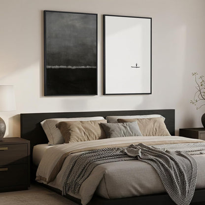 Skiennix Framed Black and White Abstract Wall Art - Large Set of 2 Minimalist Canvas Prints 24x36 In