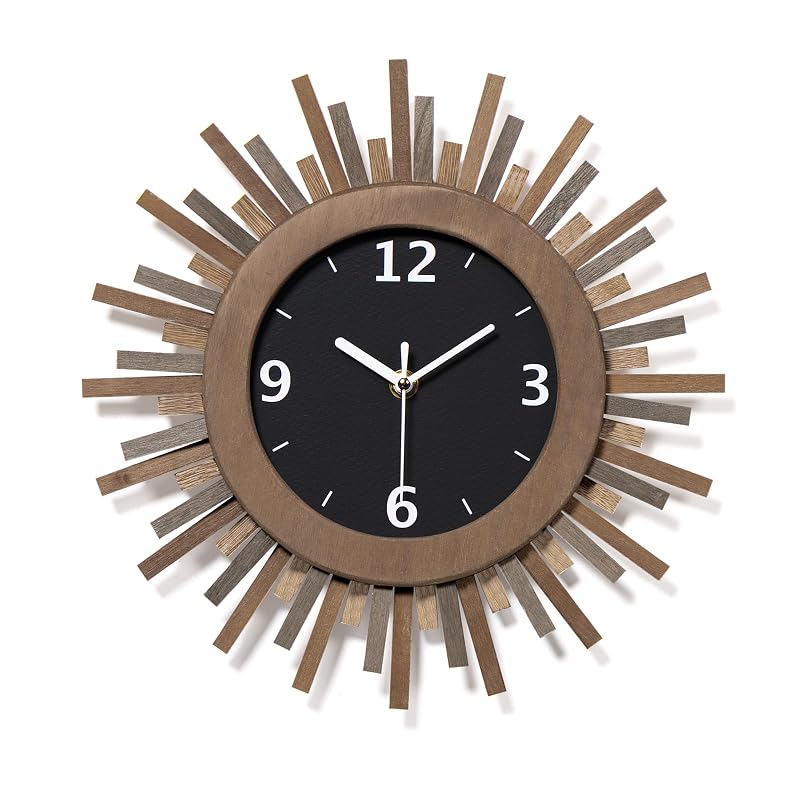 Tricolor 12 Inch Silent Sunburst Rustic Wood Wall Clock - Battery Operated