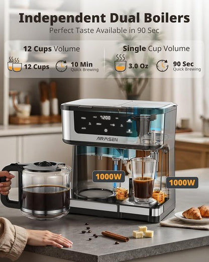 AIRMSEN 12-Cup Programmable Coffee Maker - Fast Brew Single Serve for K-Cup Pods & Ground, Touchscreen, 60oz Tank