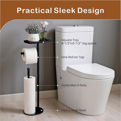 Skiennix Free Standing Toilet Paper Holder - Sturdy Black Tissue Roll Stand with Phone Shelf, Holds 5 Rolls