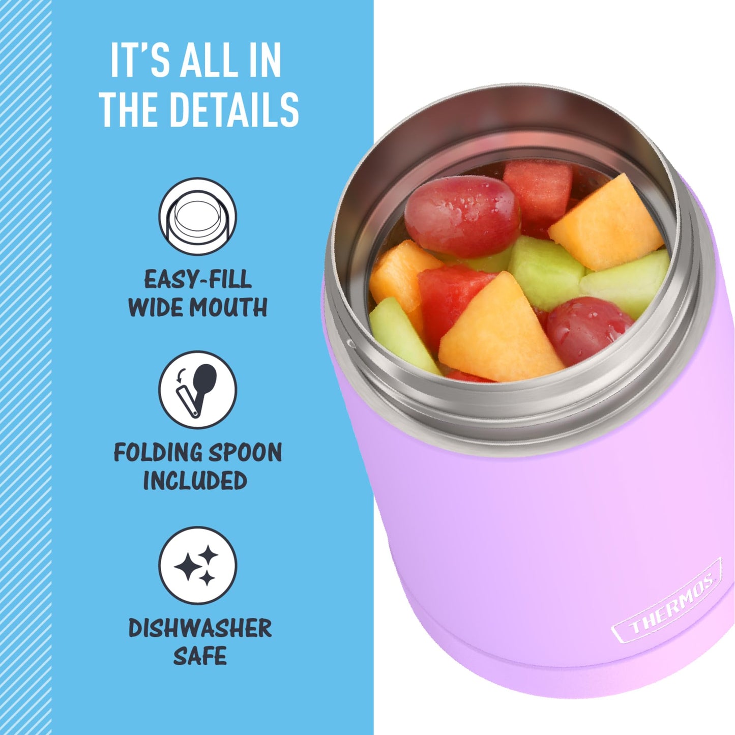 THERMOS FUNTAINER 16 Ounce Stainless Steel Vacuum Insulated Food Jar with Folding Spoon, Neon Purple