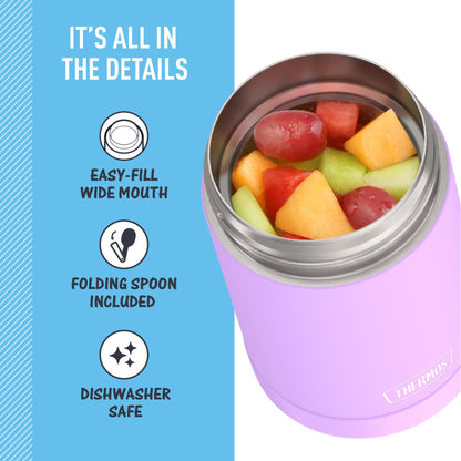 THERMOS FUNTAINER 16 Ounce Stainless Steel Vacuum Insulated Food Jar with Folding Spoon, Neon Purple