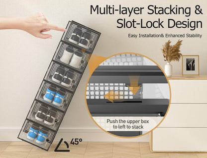 Kuject Shoe Storage Boxes - XX-Large Clear Plastic Organizers | Stackable 12-Pack for Closet & Under Bed, Black