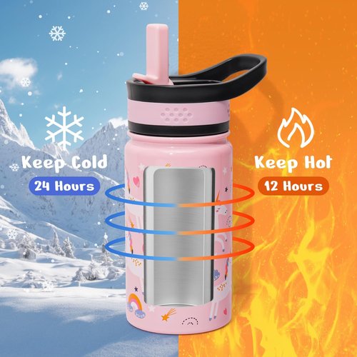 BUZIO Kids Water Bottle - Insulated 14oz Stainless Steel Thermo Cup with Straw Lid | Pink Unicorn Design