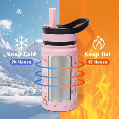 BUZIO Kids Water Bottle - Insulated 14oz Stainless Steel Thermo Cup with Straw Lid | Pink Unicorn Design
