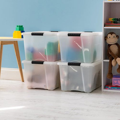 IRIS USA 40 Qt Stackable Plastic Storage Bins - BPA-Free, Durable Lids, 4 Pack | Pearl Color