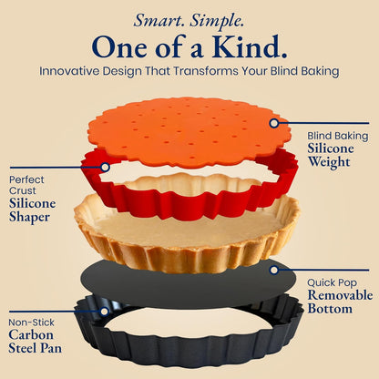 Patz&Patz 9-Inch All-in-One Fluted Tart Pan - Nonstick Carbon Steel with Removable Bottom & Silicone Crust Shaper