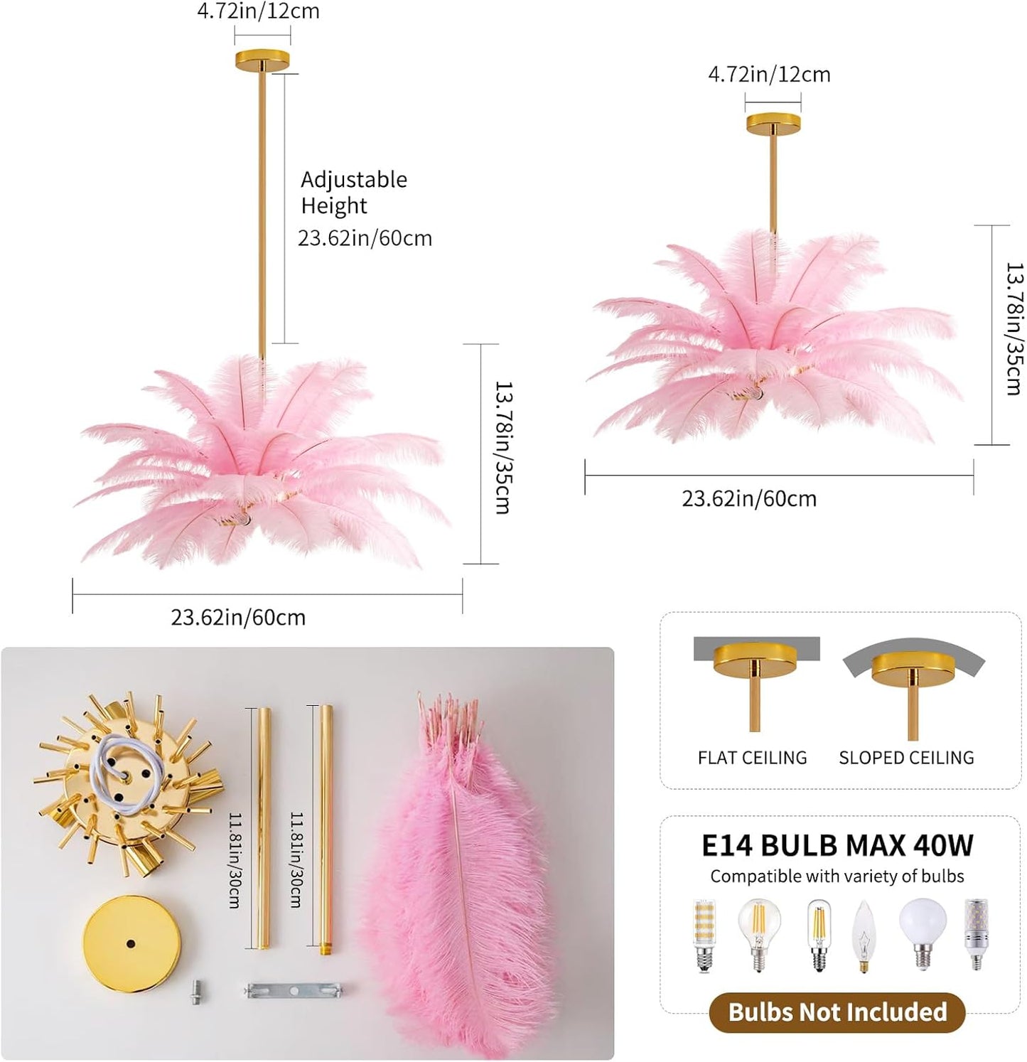 NZV Pink Feather Chandelier - Romantic Pendant Light for Girls' Room | 23.6in Ostrich Feathers, E14 Base